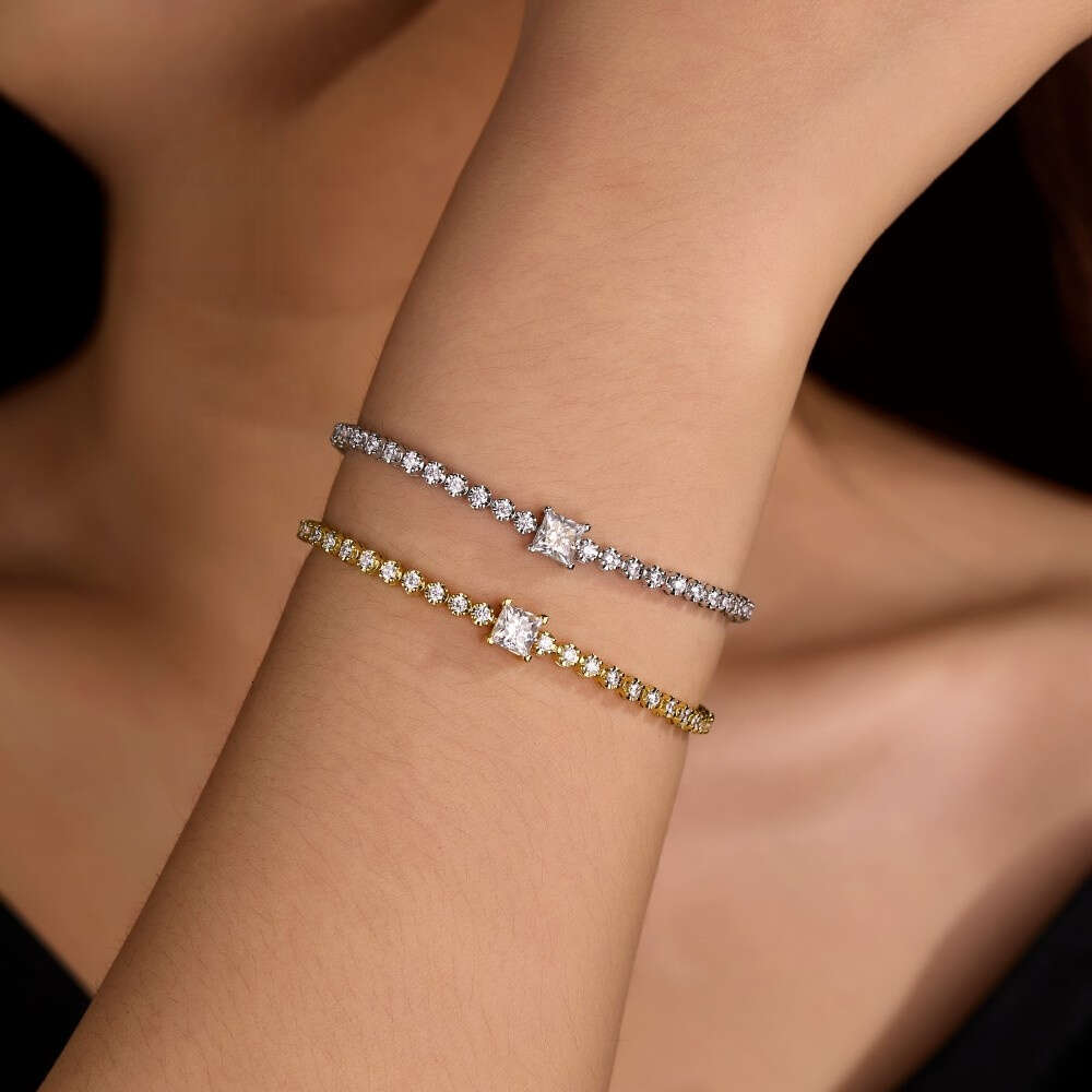 Hot Sale Square Dia Tennis Chain Customized Moissanite Sier Link Classic Bracelet