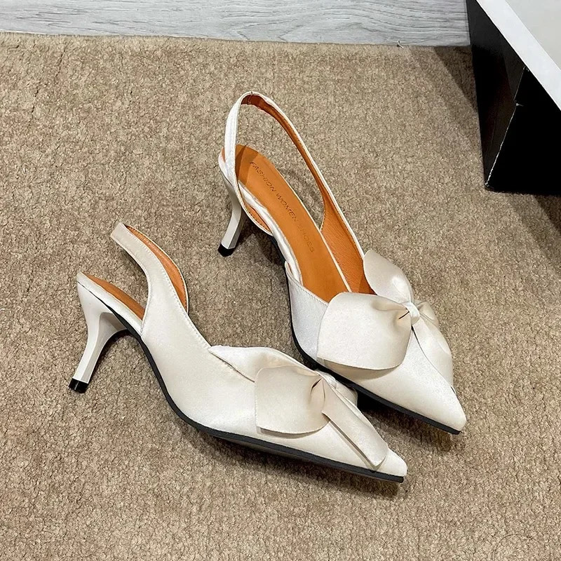 Lady Kitten Heels Back Strap Sandals Silk Statin Big Bow Fashionable Shoes 7cm Pumps In Orange Green 42 250905