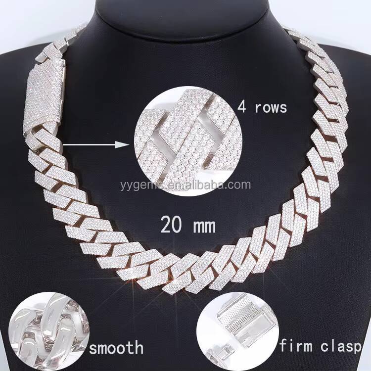 20mm 24mm 4rows Heavy Chain 100 Passed test Iced Out S925 Silver White Gold Plated with Iced Out Moissanite Cuban Chain Link