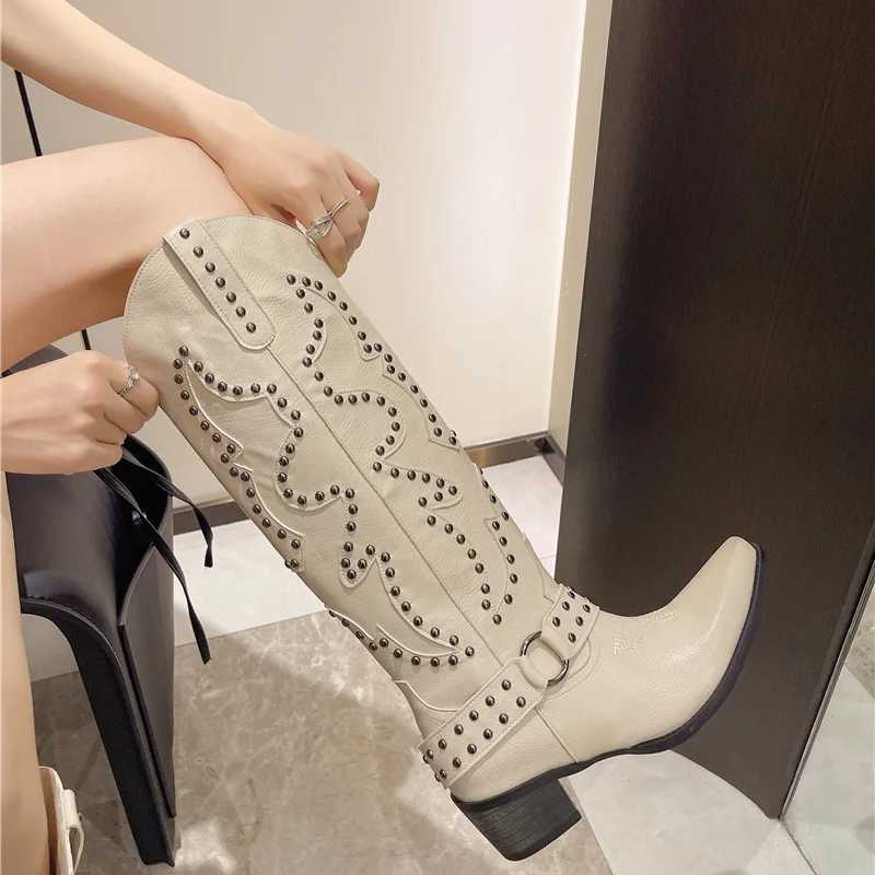 Womens Boots Retro Rivet Embroidery Cowboy Boots Punk Luxury Brand High Boots Country Music Festival Womens Boots Botas Mujer L250905