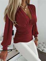 Solid Ruched Deep V Neck Blouse, Casual Long Sleeve Top Spring & Fall, Women's Clothes for Daily Wear, Womenswear