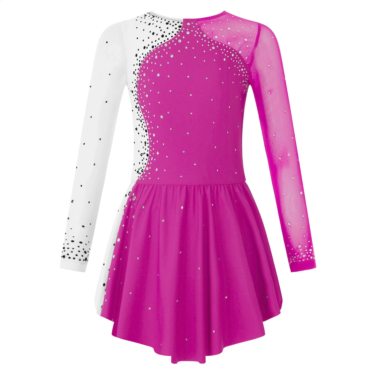 Girls Figure Ice Skating Dresses Long Sleeve Rhinestone Tights Gymnastics Dress Leotard Ballet Dance Performance Costume 250904