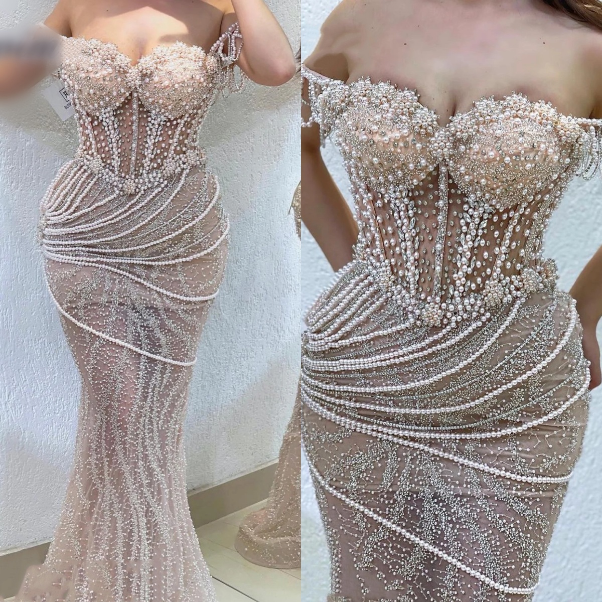 Luxury Evening Dresses Sequins Pearls Crystal Gown Off Shoulder Sleeveless Sweep Train Dress Party Customized Dress