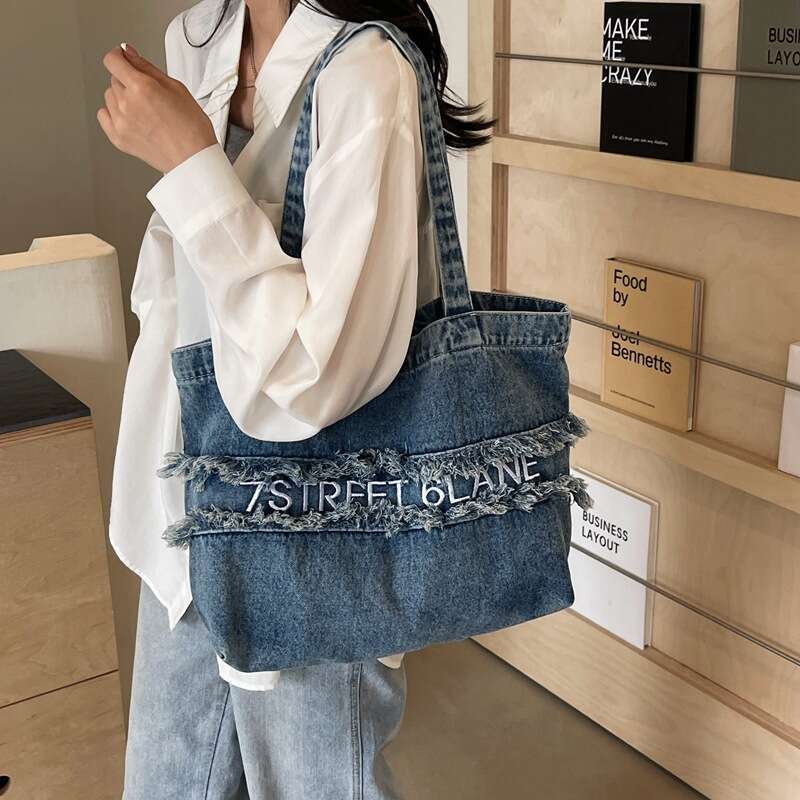Letter Embroidery Designer Bags High-End Washed Denim 2025 New Korean Style Casual Mommy Tote Shoulder Bag Trendy
