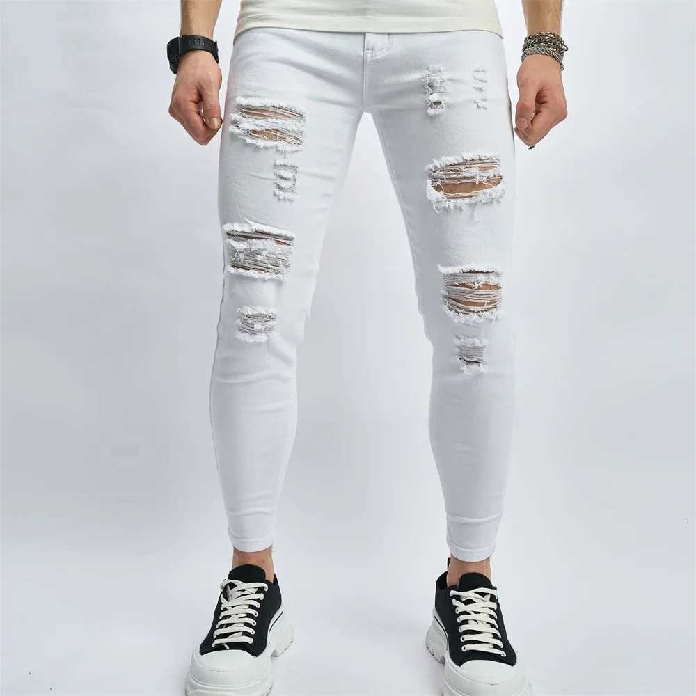Mens Street Distressed White Skinny Jeans Men Good Quality Stylish HipHop Holes Slim Stretch Pencil Denim Pants W250905