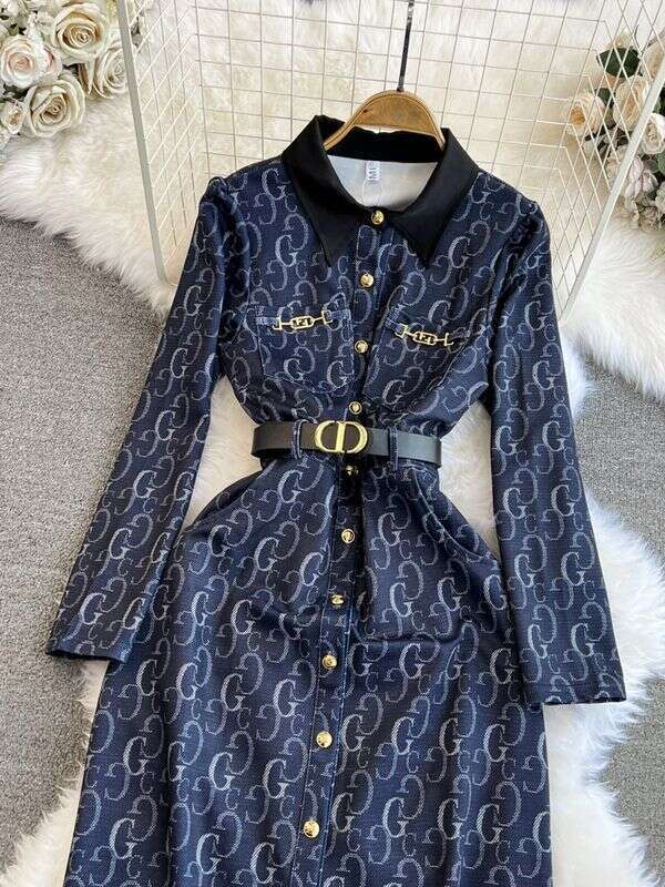 Spring And Autumn High-End Socialite Elegant Long-Sleeve Turn-Down Collar Elegant Waist-Cinching Mid-Length A-Line Letter Print Shirt Dress