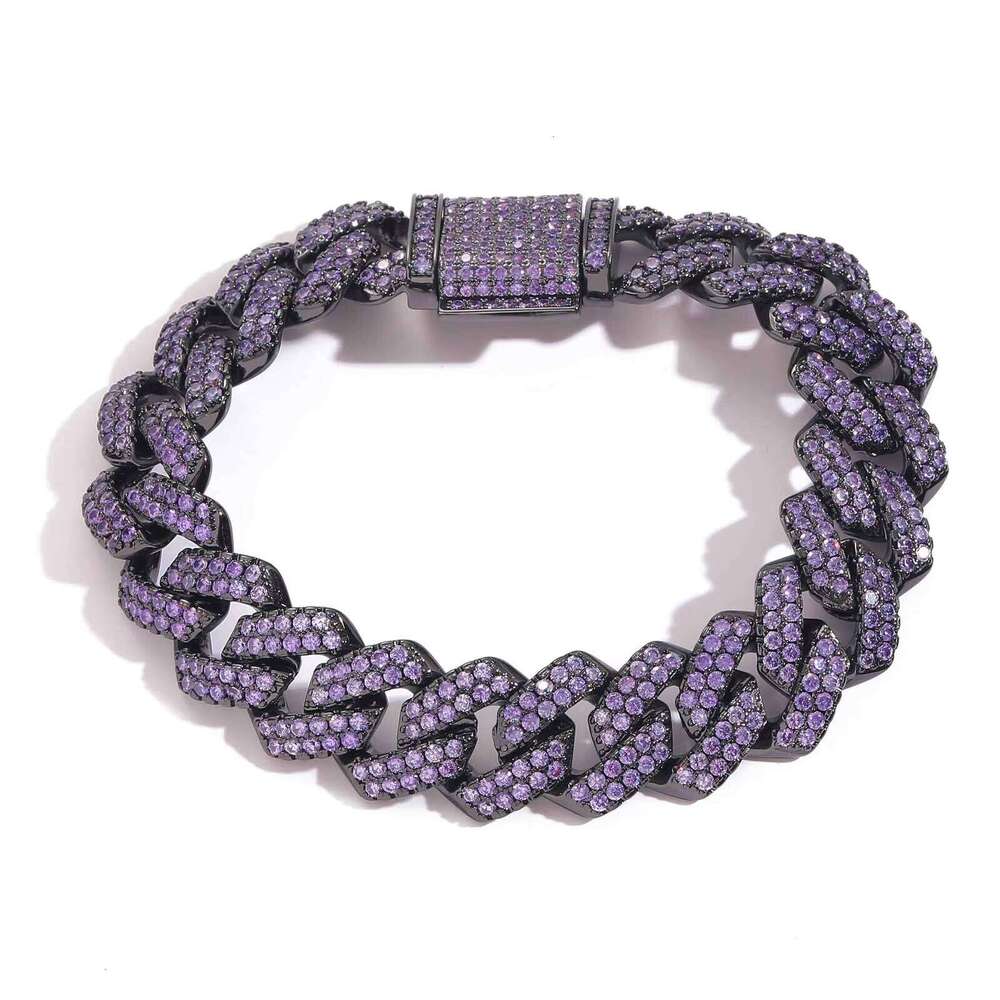 Black 15mm Full Purple Lab Dia Bling Prong Moissanite Cuban Link Hip Hop Geometric Trendy Gift Chain