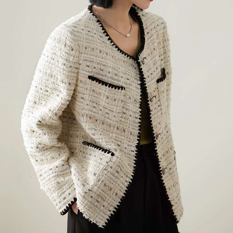 High-End Color-Block And Autumn White Tweed Short Jacket Women's Spring New Style B5