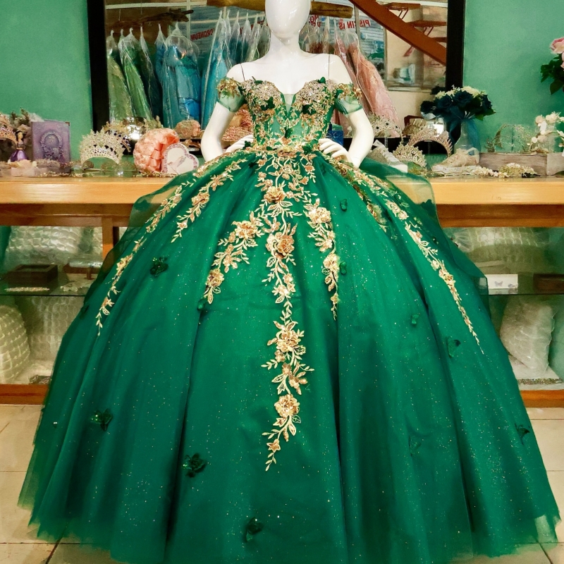 Green Shiny Quinceanera Dresses Off Shoulder Ball Gown Sweet 16 Dress Applique Flower Bow Beads Bow Tull Birthday Party Vestidos 15 De Anos
