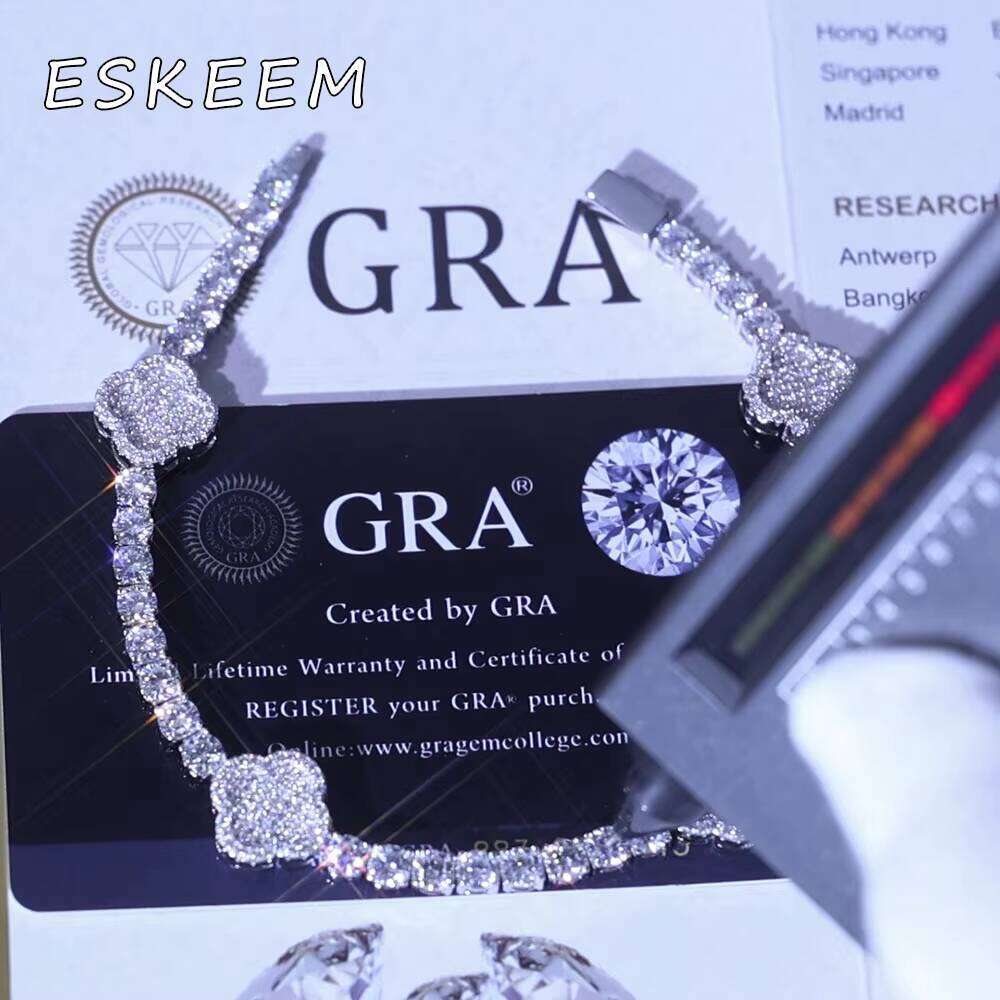 High Quality VVS Moissanite Four Leaf Clover Tennis Bracelet Sterling Sier Gold Plated Iced Out Women's Jewelry