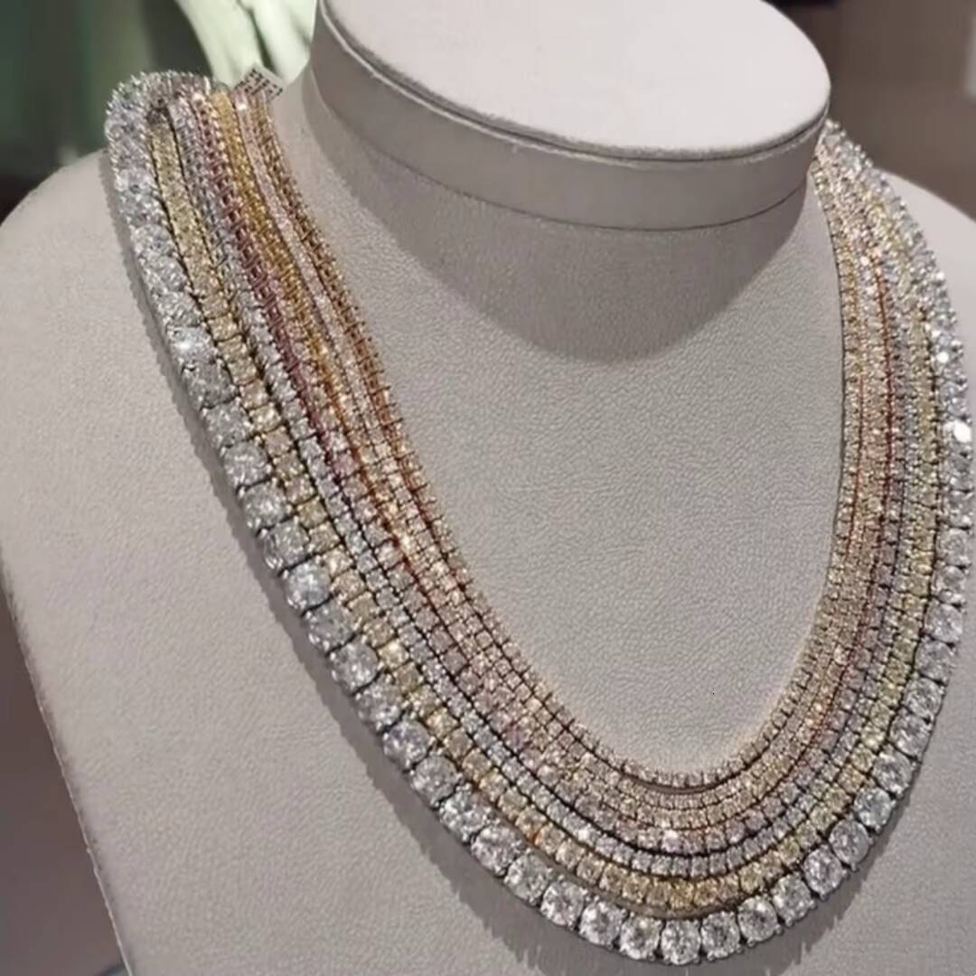 Top Sale S925 Sterling Silver 10K Real Solid Gold 3mm Round Brilliant Cut Lab Grown Diamond Tennis Chain Necklace