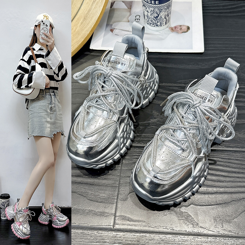 Women Designer Casual Shoes Height Increased Platform Sport Shoes Fashion Leather Fabric Breathable Running Shoes Shiny silver anti slip height increa
