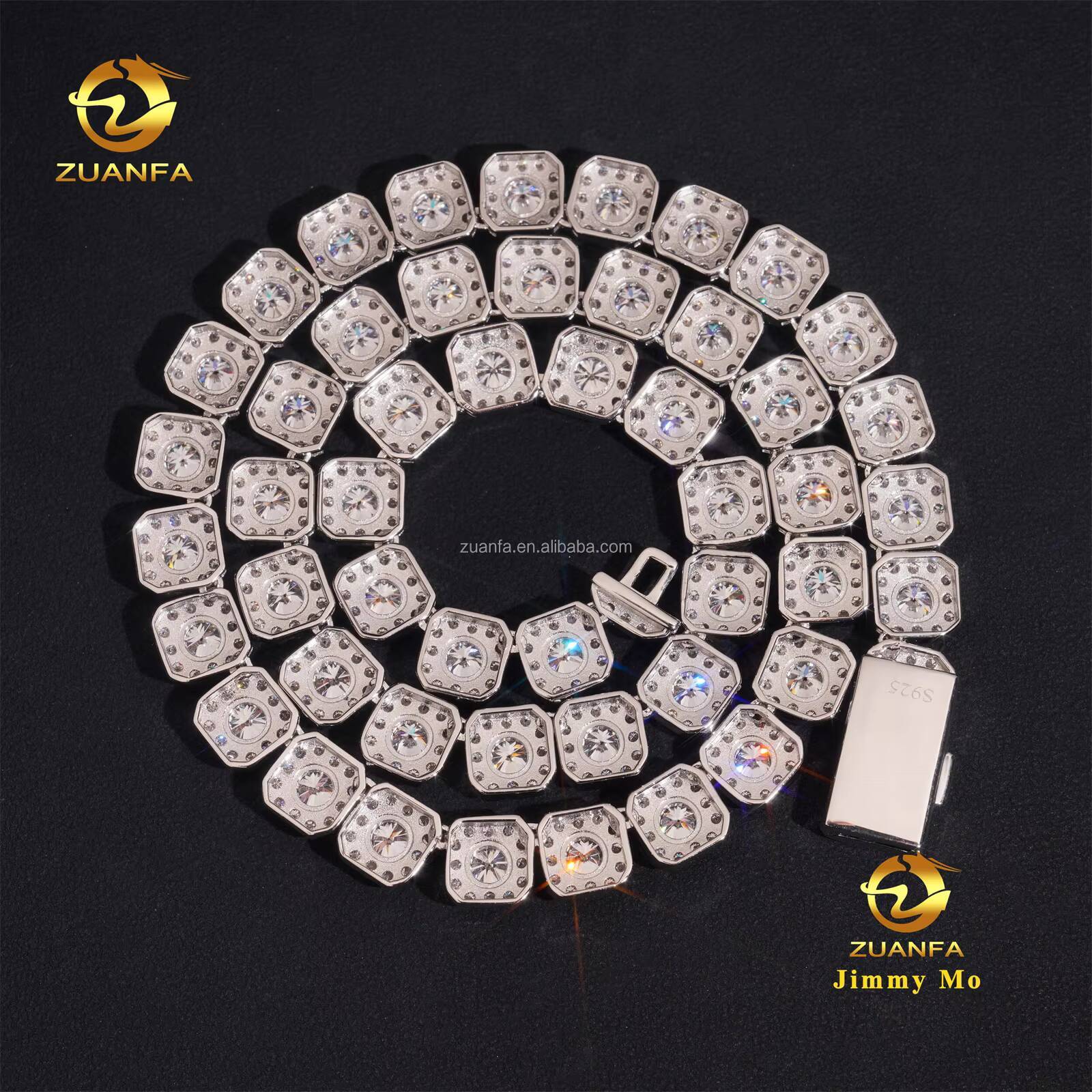 New Arrivals 10mm Hip Hop Style Luxury Jewelry Iced Out 925 Solid Silver Rhodium Plated VVS1 Moissanite Cluster Tennis Chain Men