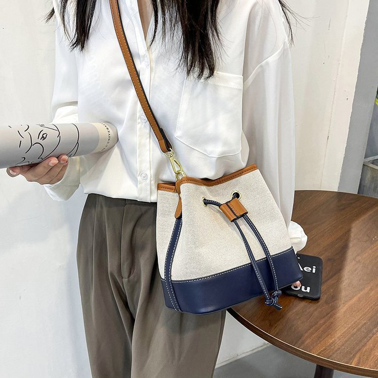 Women's Bag Foreign Trade New Canvas Color-block Handbag Bucket Bag Street Fashion Textured Drawstring Single Shoulder Crossbody Bag