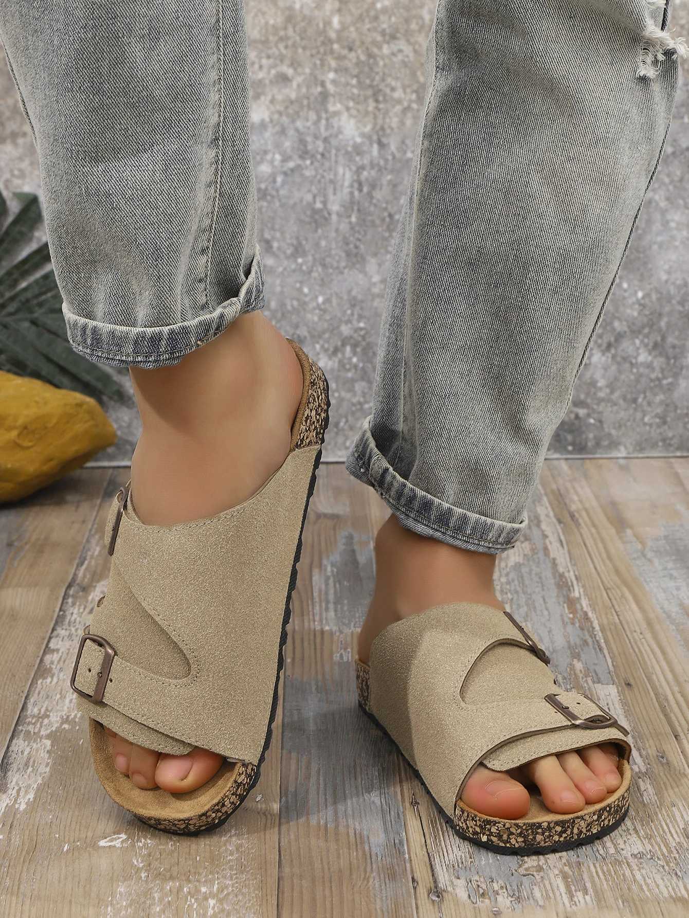 Mens Casual Simple Buckle Adjustable Set with Suede Upper Wood Grain SoftSoled Slippers W250905