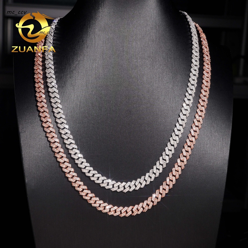 New Arrivals Hip Hop Jewelry Rose Gold 925 Silver Baguette 8mm Moissanite Cuban Link Chain