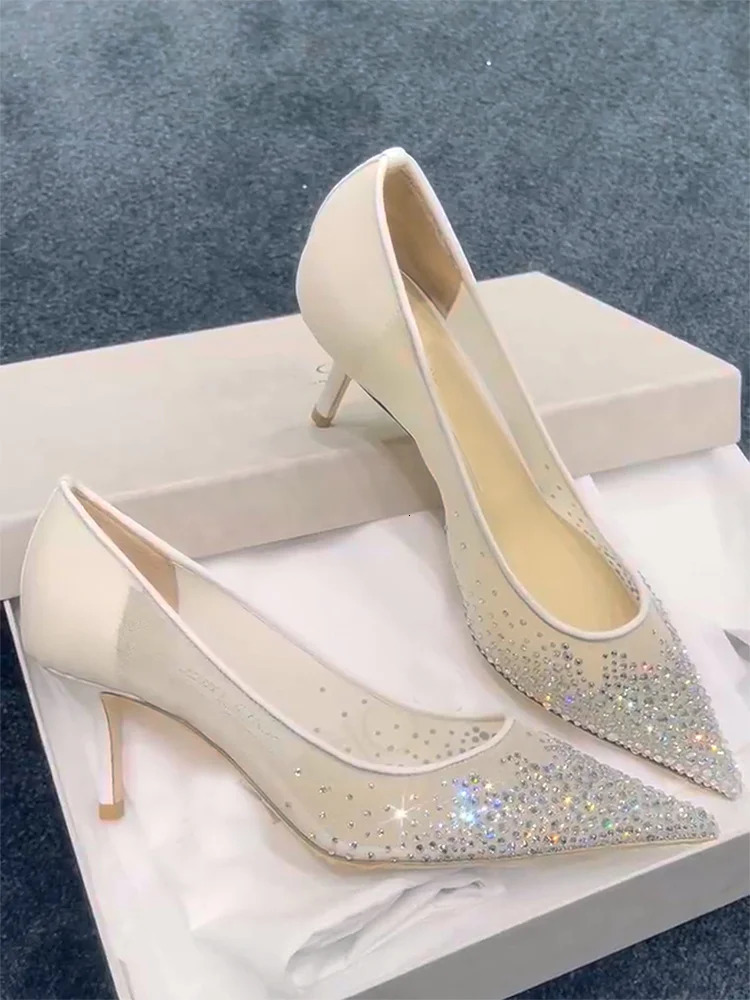 Summer Fairy T Lace High Heels Pointed Toe Sexy Thin Heel Womens Faion Single oes Glittering Bule Strap 250905