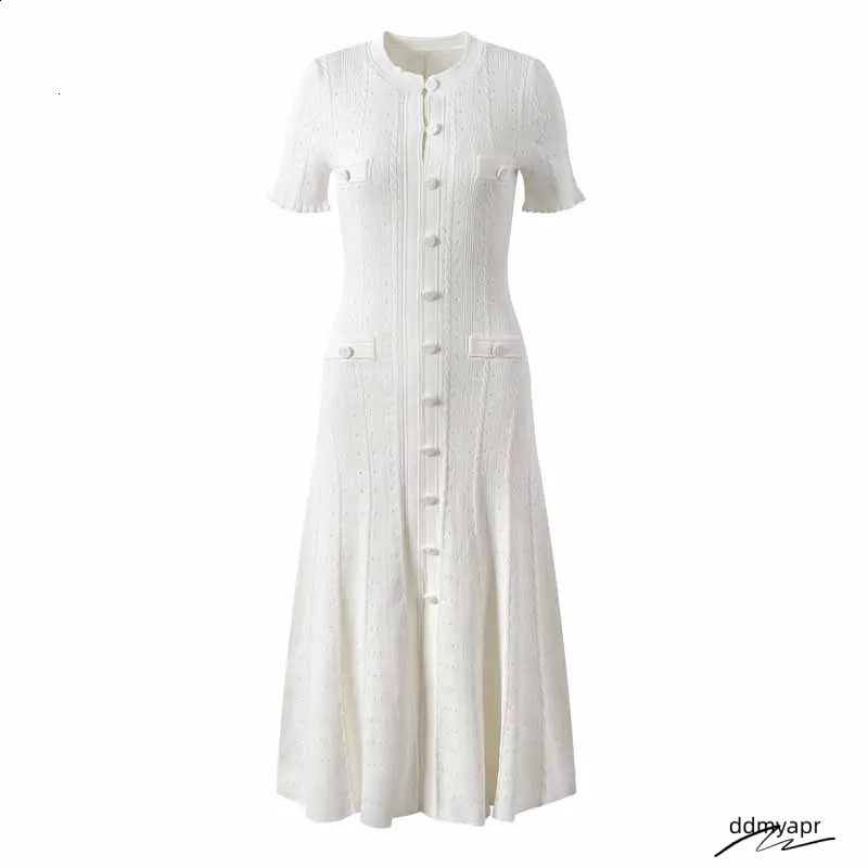 French Fashion Runway Knitt Single Breasted Mermaid Midi Dress Elegant Lady Ruffled Sleeve Hollow Out Slim Sweater Ddmydec 250305 Ddmydec Ddmydec Ddmy