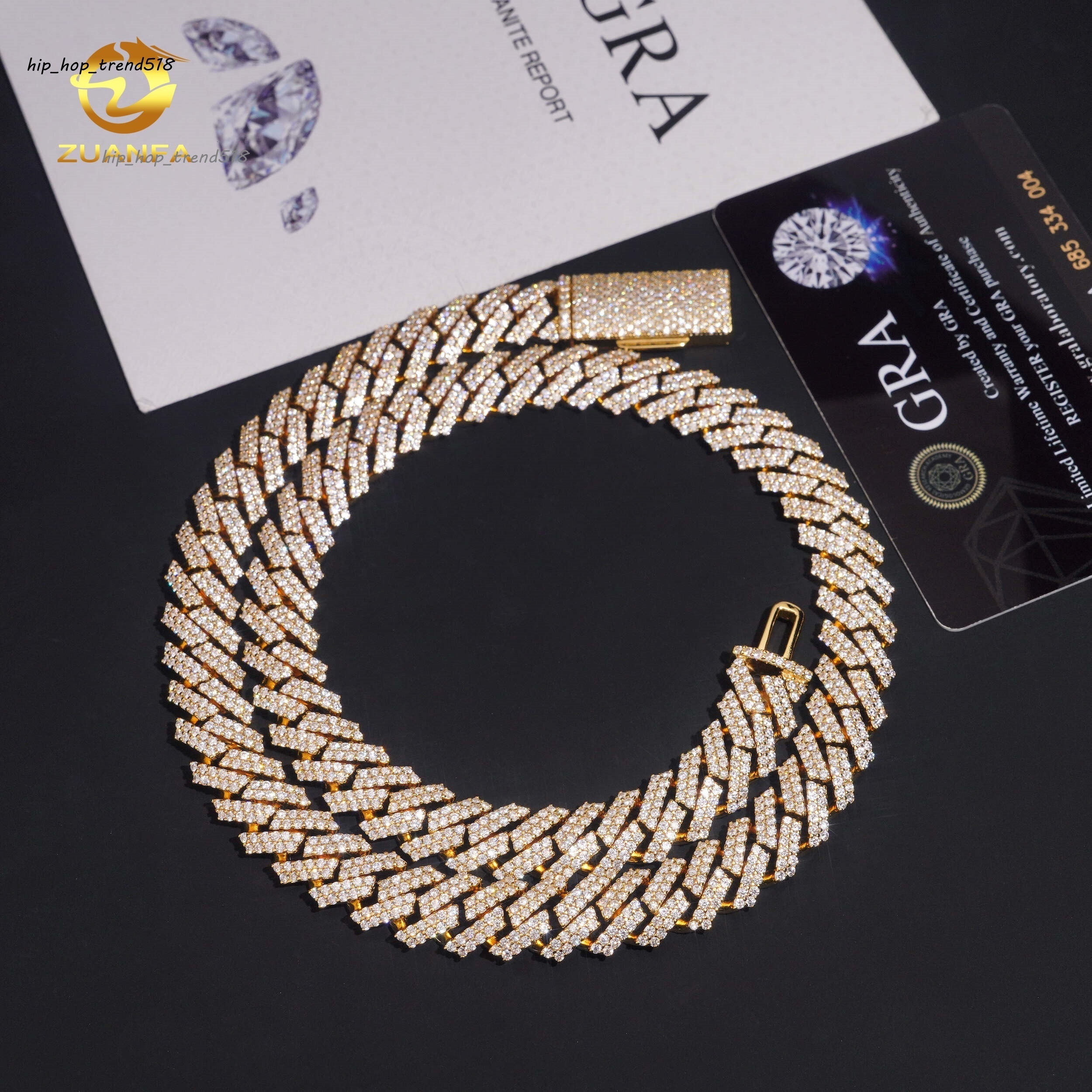 12mm Gold Plated Bracelet Moissanite Hip Hop Jewelry Necklace 925 Silver VVS Moissanite Iced Out Diamond Cuban Link Chain
