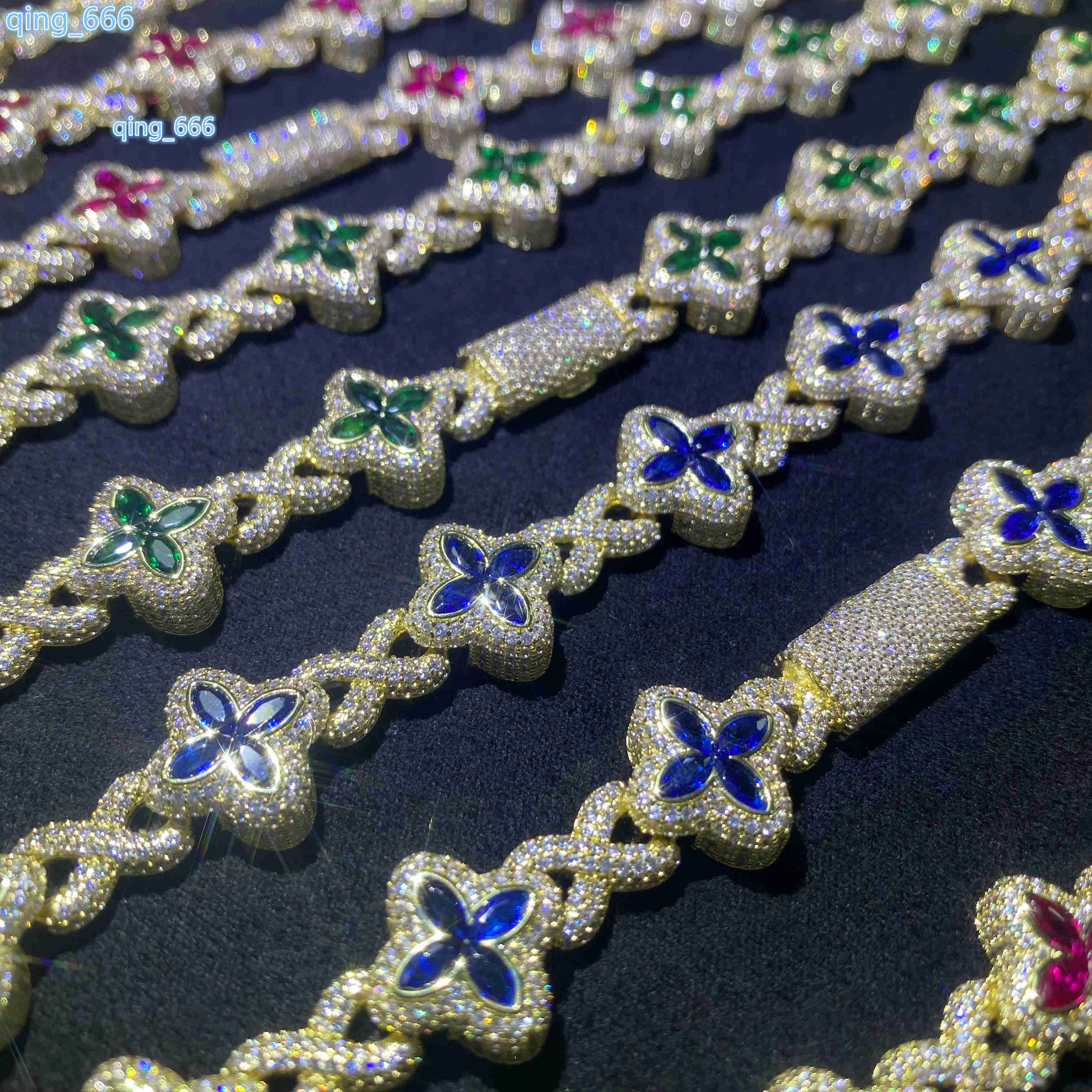 Designer bracelet 925 Silver Chic Stylish Chain Necklace Gold Plated Cuban Link Hip Hop Style Colorful Moissanite Flower Bangle