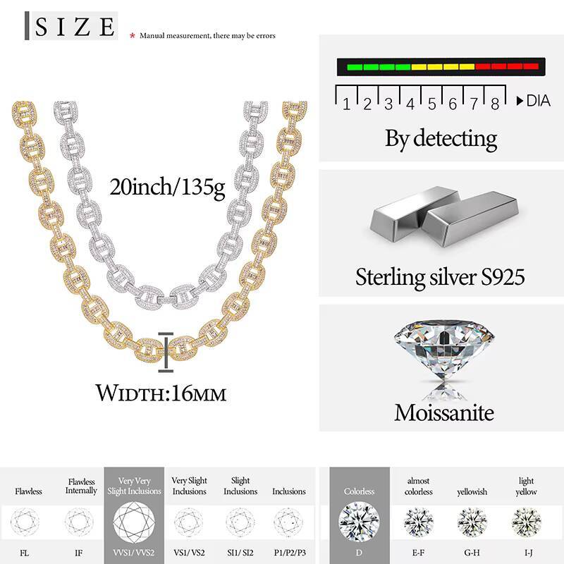 Luxury 16mm 14K 18K Gold Plated 925 Sterling Silver Baguette VVS Moissanite Diamond Iced Out Cuban Link Chain Necklace