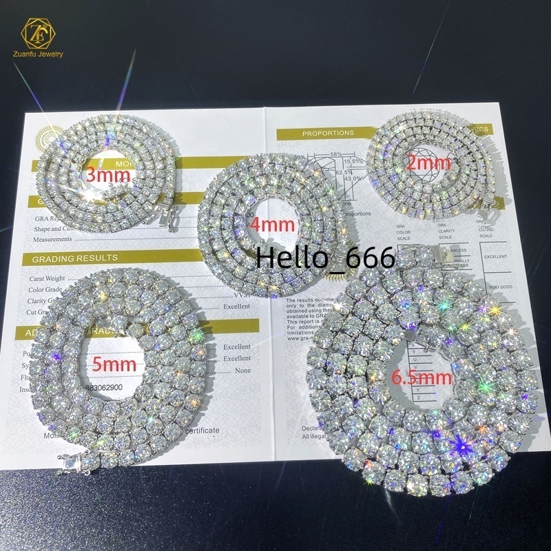 New Arrival Iced Out D Color 2MM 3MM 4MM 5MM 65MM VVS Moissanite Diamond 925 Sterling Silver Tennis Chain Necklace for Men
