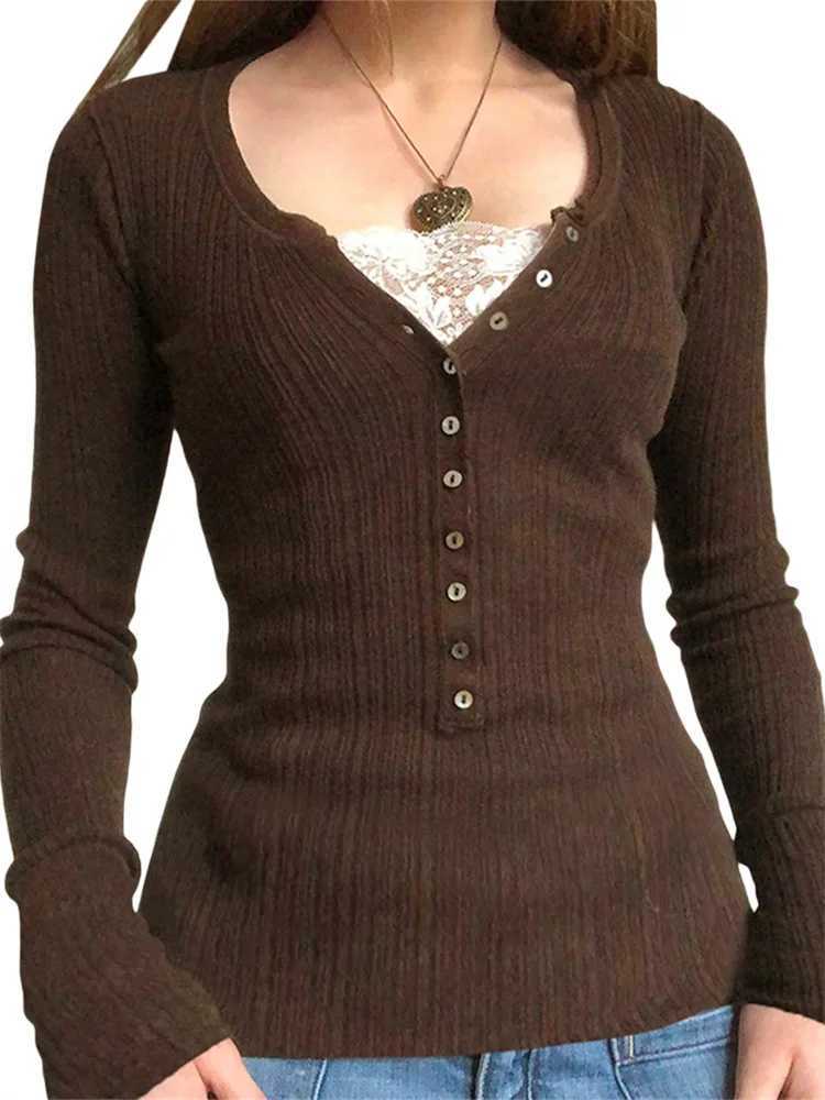 Women Button Front Knit Tops Long Sleeve Lace Patchwork Slim Fit Sweater Fall Fairy Grunge Gothic Y2K Clothes Z250905