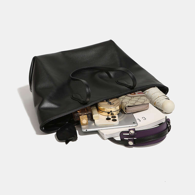 Soft Leather Black Tote for Women 2024 New Large Capacity Commuter Korean Style Versatile Student Class Shoulder Bag