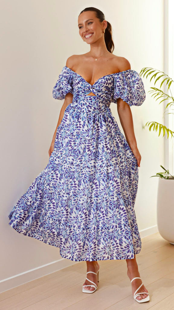 2025 Summer New Vacation Casual Printed WaistCinching Puff Sleeve Flared Dress for Women