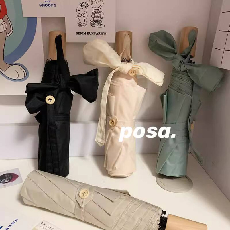 Posa Korean Style Fresh Simple Black Coating Dual-use Solid Wood Handle Three-fold Folding Compact Portable Sunshade Rain Umbrella