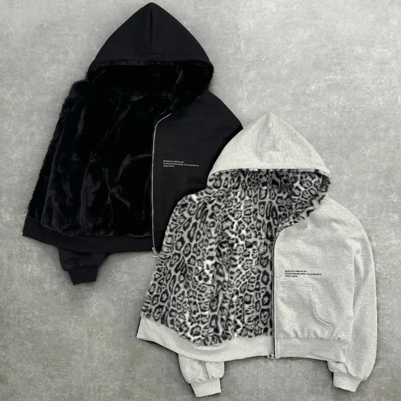 Twosided Clothing Harajuku Retro Leopard Print Fashionable Loose Zipper Hoodie Men Street Hiphop Casual Sweatshirt Women 250904