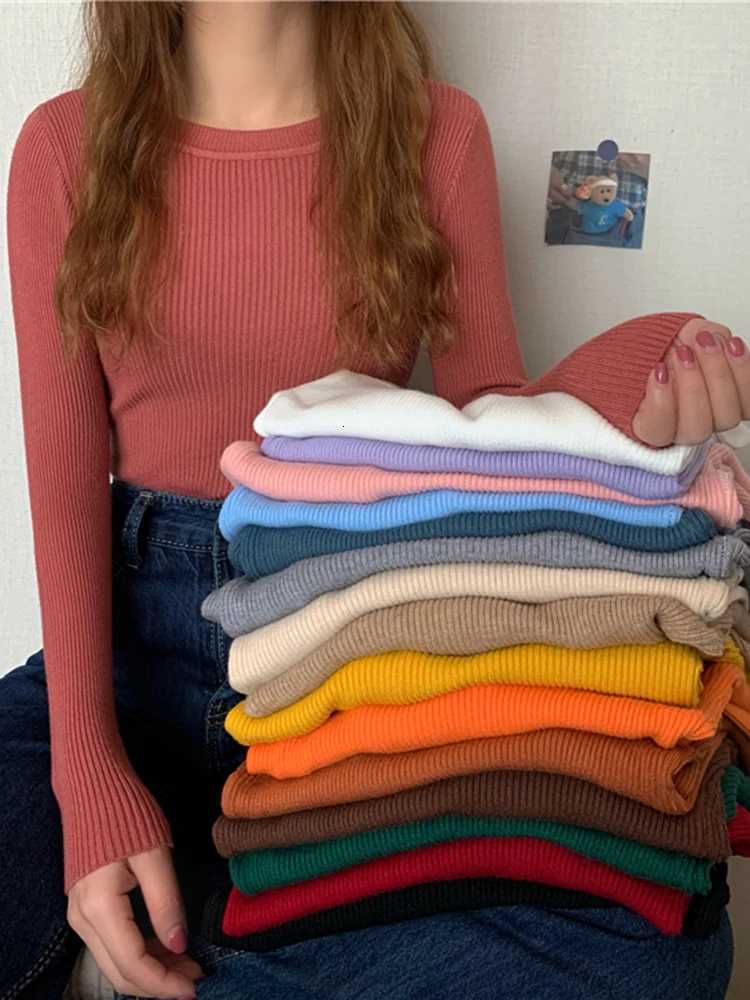 2025 New Women Sweater Autumn Winter Long Sleeve Pullover Basic Top Fashion Oneck Elastic Female Winter Solid Knitted Jumper Z250905