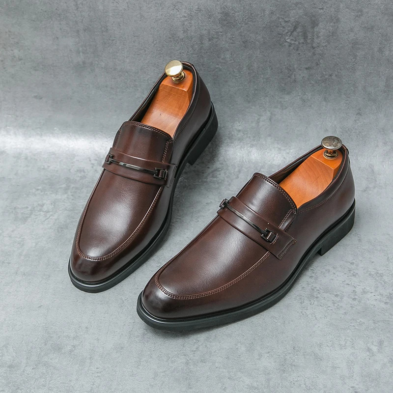 Mens Formal Leather Shoes Classic Style Slip On Loafers Round Toe Breathable NonSlip Business Dress Wedding Office Casual Shos 250903