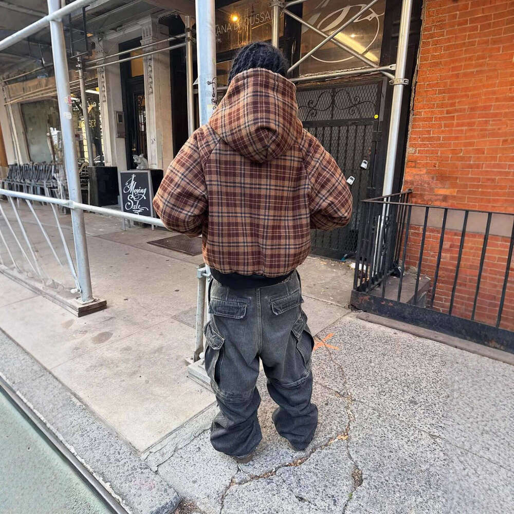 2025 New Double-Sided Hooded Zipper Sweatshirt Autumn Winter American Plaid Patchwork Cardigan Top for Men and Women