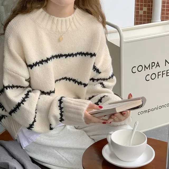 Retro Loose Sweater Womens Long Sleeve Striped Half High Neck Knit 2023 Autumn Winter Thickened Warm Pullover Z250905