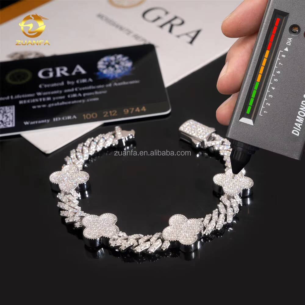 Bulk Stock Hot Selling Rapper Fashion Luxury Jewelry S925 Silver Iced Out Hip Hop Moissanite Clover Flower Cuban Bracelet