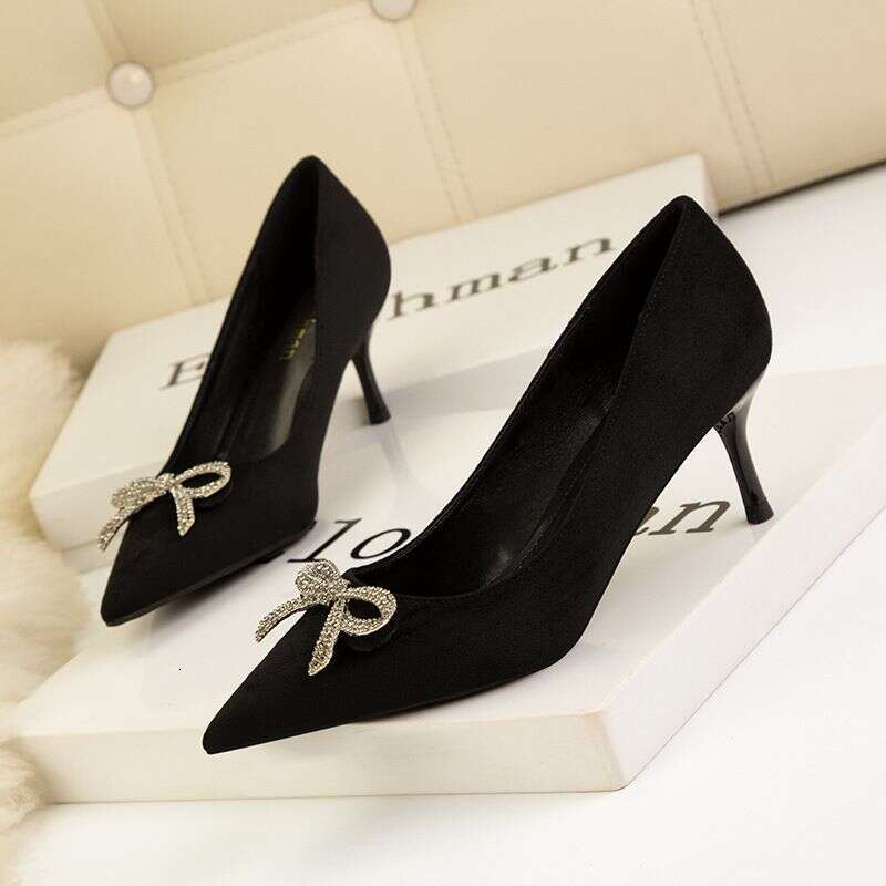 Women's Pumps Style Simple Women's Stiletto High Heels Shallow Mouth Pointed Toe Rhinestone Bow Single Shoes