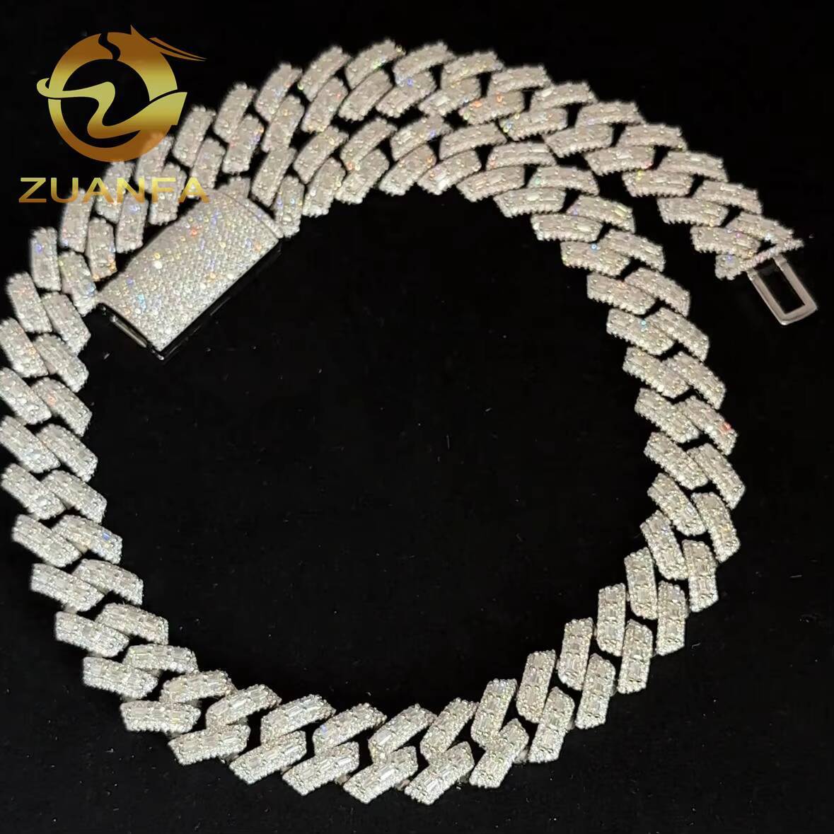 Buss Down 15mm Baguette Cut Cuban Link Chain Moissanite Hip Hop Jewelry 925 Silver Iced Out Cuban Link Pass Tester Men Chain