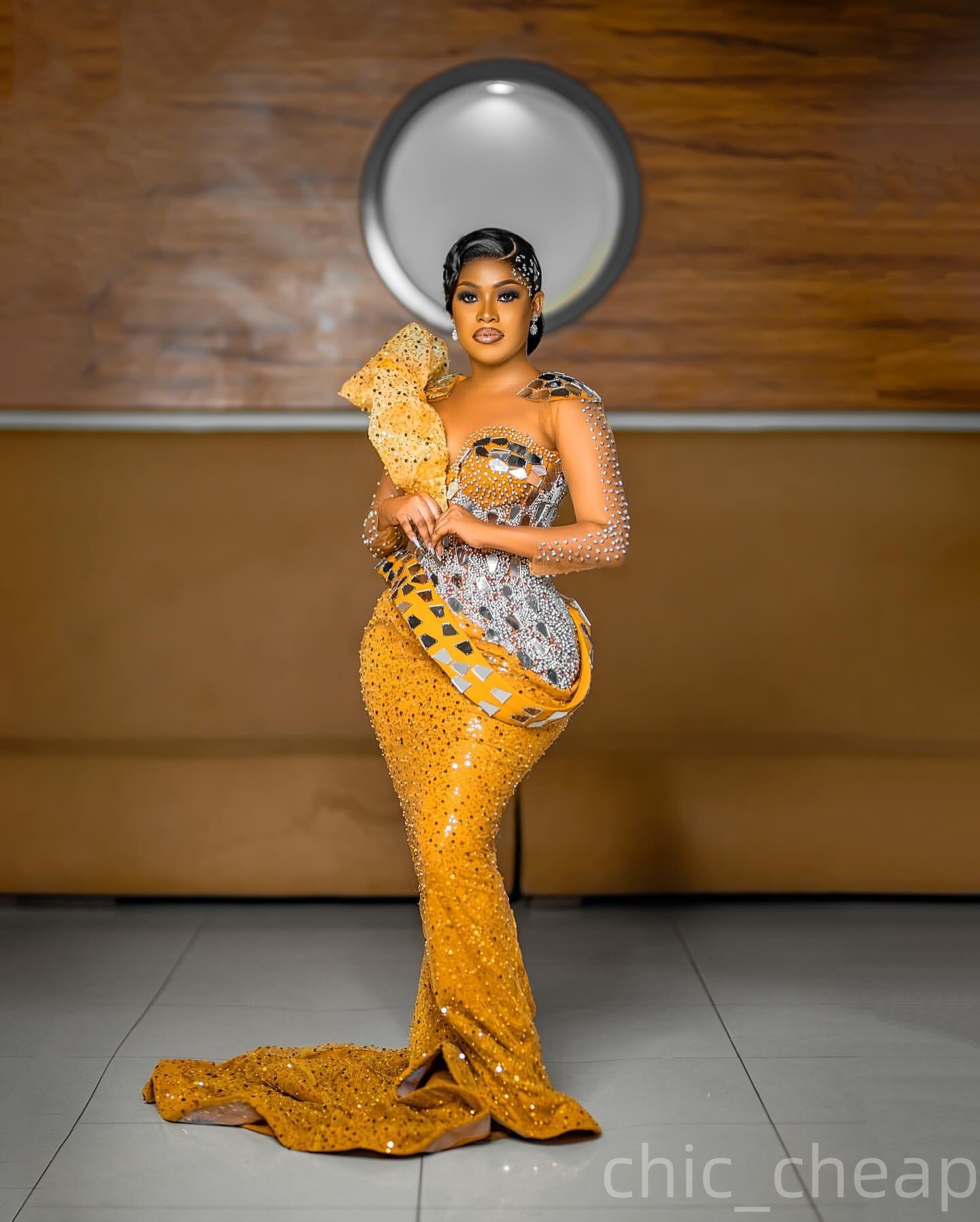 Aso Ebi Yellow Mermaid Prom Dresses 2025 Beaded Crystals Sequined Full Sleeves African Evening Formal Party Second Birthday Engagement Dress Gowns rob