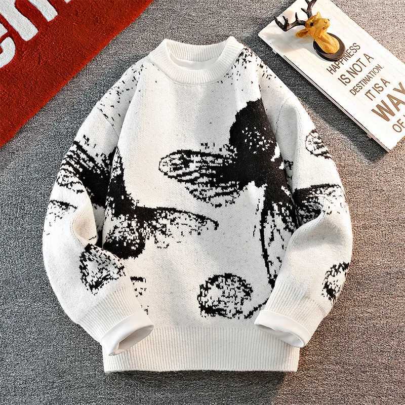 GIOIO mens knitted sweater round neck printed butterfly thick warm sweater autumn and winter casual bottoming shirt Z250905