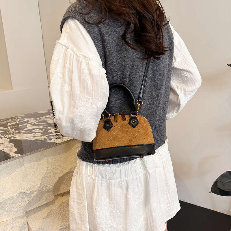 DHEssentials 2025 Women's Quilted Shell Bag, Faux Suede PU, Crossbody Shoulder Handbag, Color Block, Urban Minimalist, Black/Brown