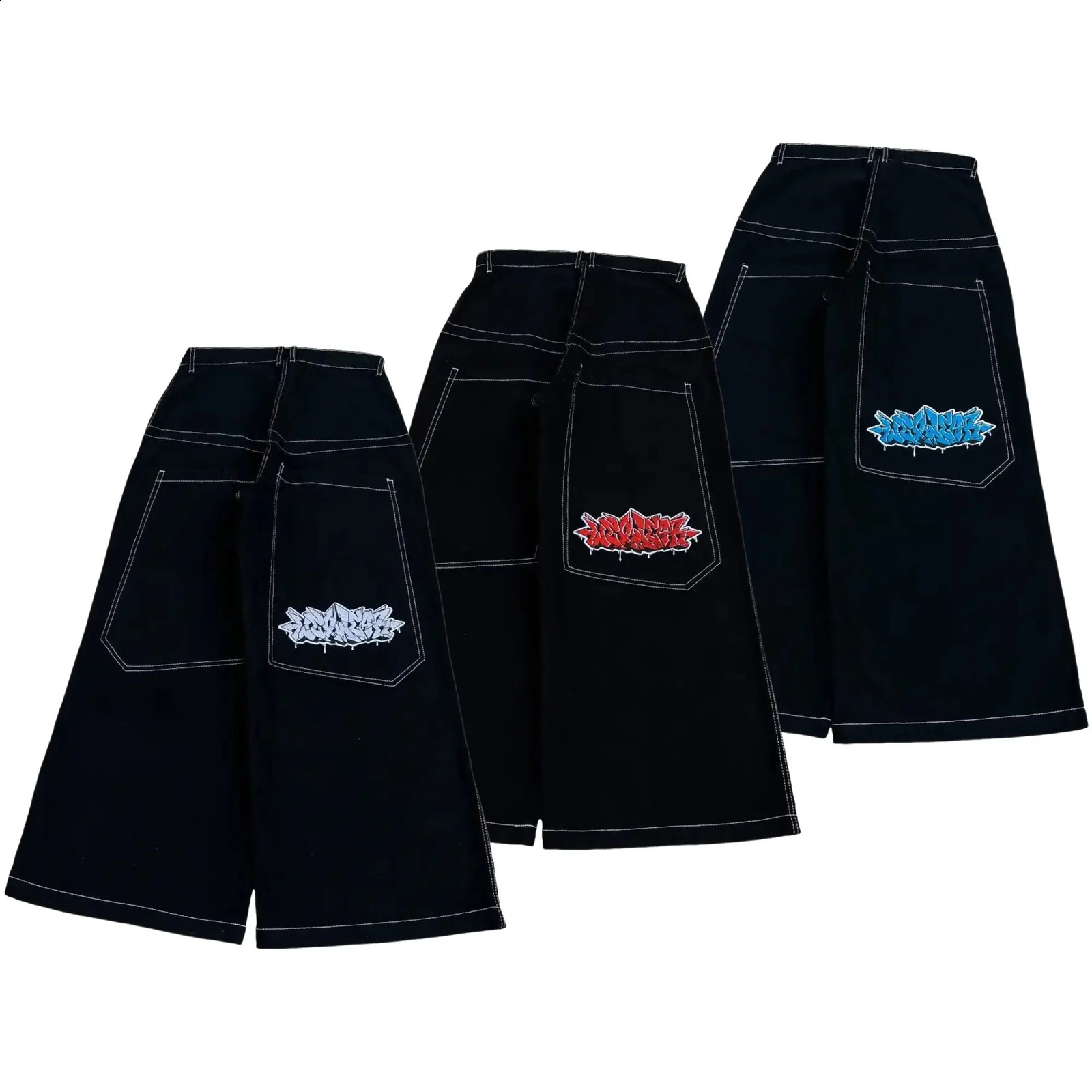 Vintage 2000s Wexwear Black Pants Men Women Hip Hop Embroidered Y2k Baggy Jeans Streetwear Harajuku High Waist Wide Trouser 250823