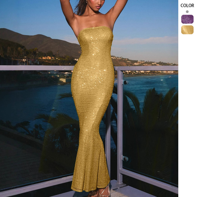 Womens New Summer Strapless Sequin Sexy Slim Evening Dress Backless Long Dress