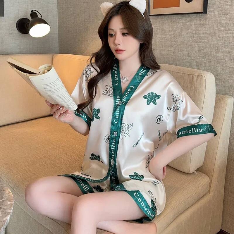 2025 sexy sleepwear for women in plus size short sleeved ice silk casual wear, V-neck fashionable printed women's summer sleepwear, home design w