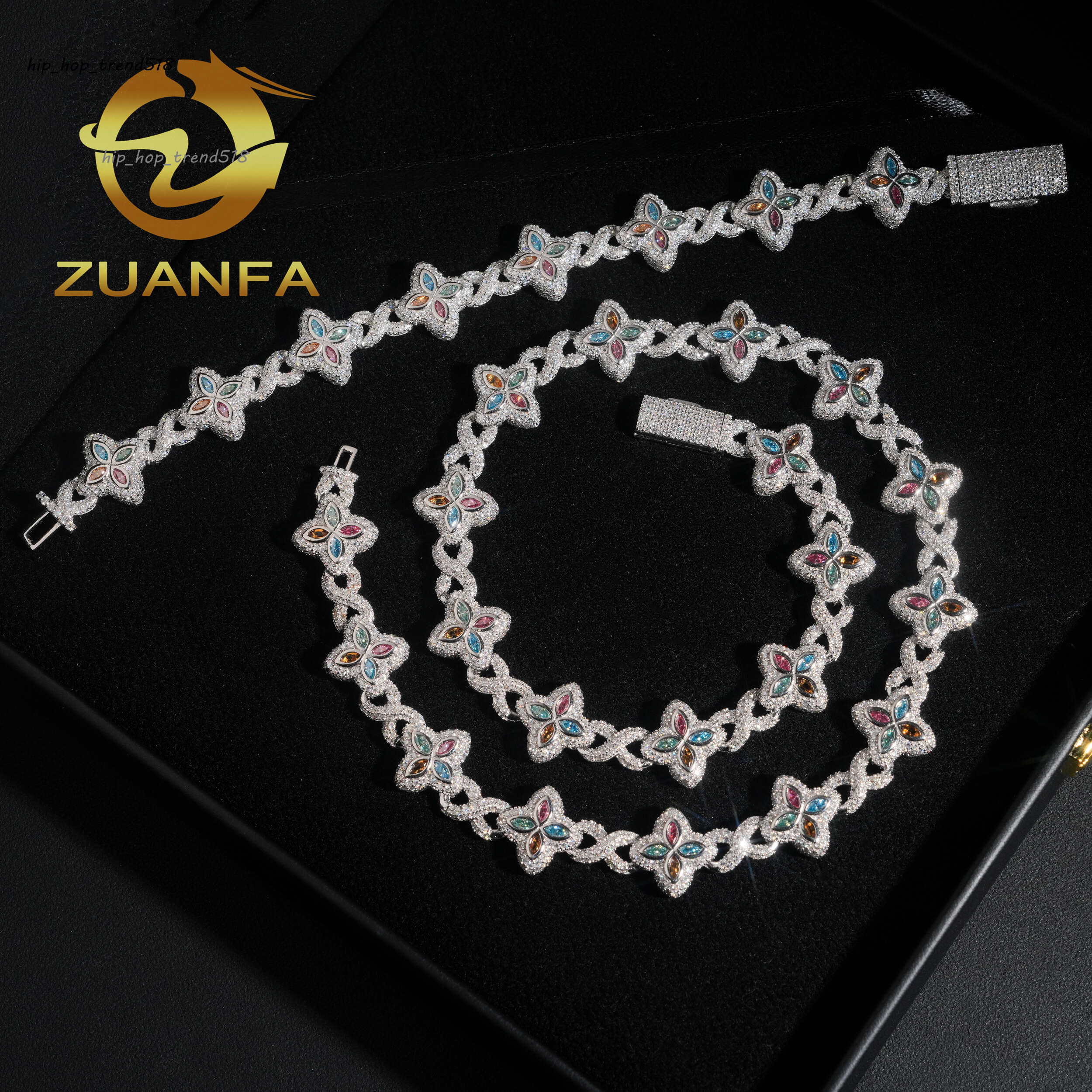 15mm Marquise Flower Hip Hop Jewelry 925 Silver Iced Out Unisex Color Moissanite Cuban Link Chain Set