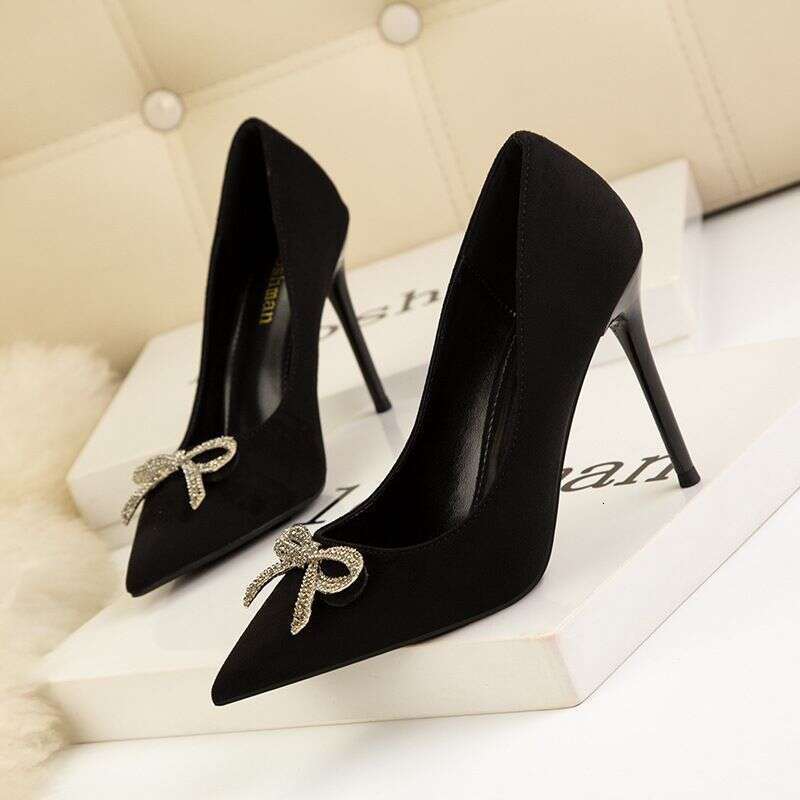 Women's Pumps Style Simple Women's Stiletto High Heels Shallow Mouth Pointed Toe Rhinestone Bow Single Shoes