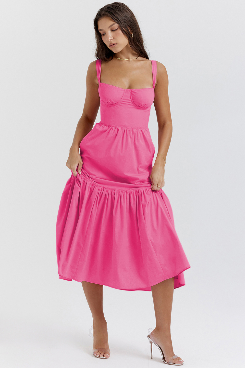 Womens Fashion 2025 Spring Summer New Sweet and Spicy Style Strap Solid Color Aline Floral Cake Dress