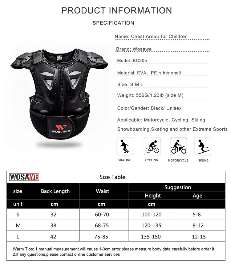 WOSAWE Kids Motocross waistcoat Motorcycle Chest Back shoulder Armor Child Protective gear Racing Drop resistant Body armour 250905