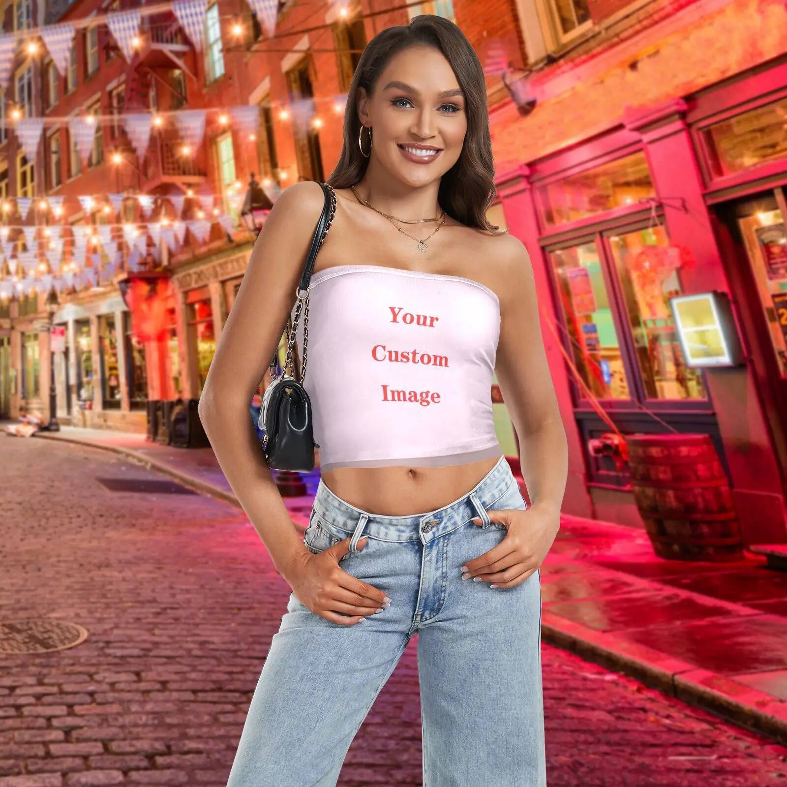 Womens Sexy Strapless Off Shoulder Crop Tube Top Customized images Stretchy Bandeau Seamless Casual Basic Breast Wrap