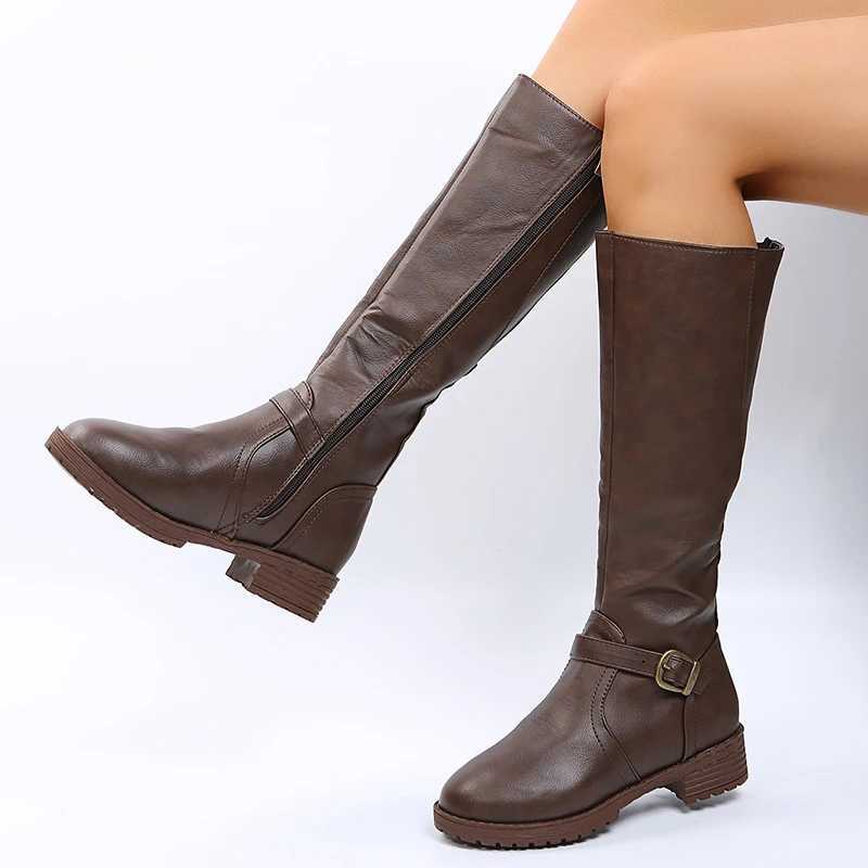 Vintage Brown Women Knee High Boots Big Size Low Heels Platform Long Boots Autumn Winter Pu Leather Women Warm Booties L250905